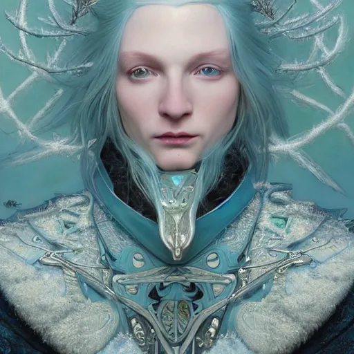 Prompt: a close - up portrait of an androgynous handsome male snow elf in a turquoise cape and silver armour, albino skin, winter vibes, elegant, very coherent symmetrical artwork, by tomasz alen kopera and alphonse mucha and charlie bowater, photorealistic, sharp focus, octane render, rtx, hdr, unreal 5, trending on artstation