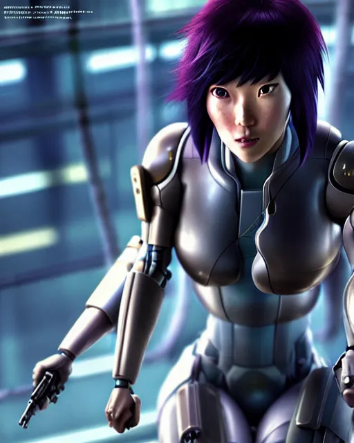 Image similar to weta disney pixar movie still portrait photo of motoko kusanagi the major ghost in the shell : : as cyborg woman by pixar : : by weta, wlop, ilya kuvshinov, rossdraws, artgerm, marvel, maxim cover, latex, octane render, sweaty, iridescent, bright morning, anime, liosh, mucha : :