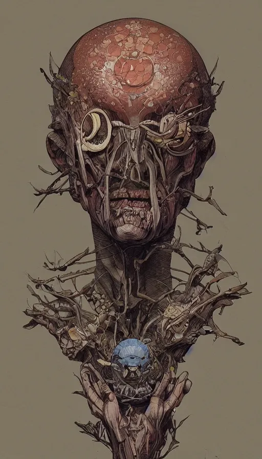 Prompt: an anatomically accurate human head and moth, painting, katsuhiro otomo, moebius, noah bradley, hiroshi yoshida, dan mcpharlin, peter mohrbacher, druillet, tsutomu nihei, katsuya terada, paul pope, roger dean, manga style, flat colors, artstation, 8 k, lineart,