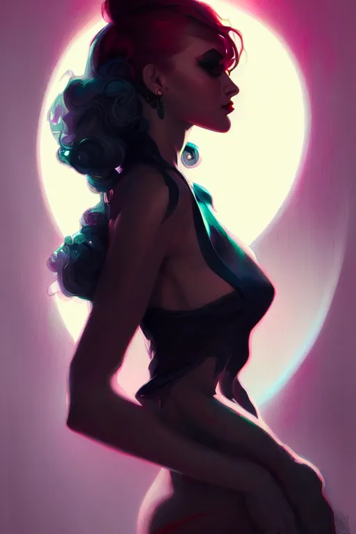 Image similar to portrait noir femme fatale by sabbas apterus and james jean, saturated colors, blold hair, concept art, beautiful composition, digital painting, trending on artstation, mucha