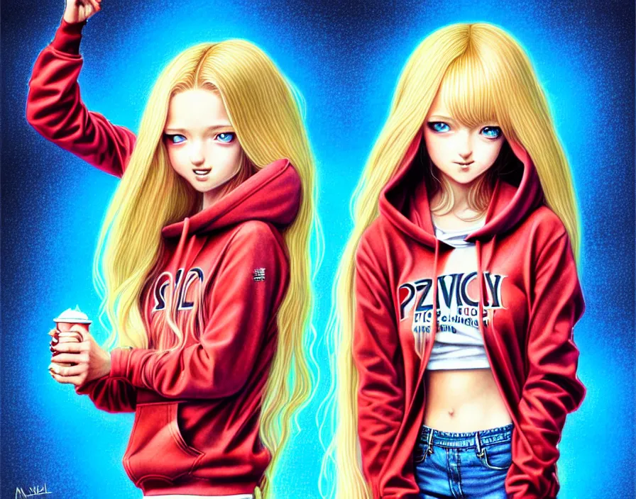 Prompt: richly detailed colored pencil 3D illustration of a beautiful polish girl with long metallic hair wearing a hoodie and short shorts, she is evil and happy. mirrored background with completely rendered reflections, art by Range Murata and Artgerm.