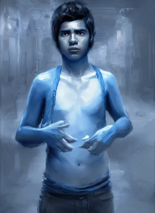 Image similar to young peruvian man with short black hair, male, dressed in blue, looking down, half body shot, arms down, path traced, highly detailed, high quality, digital painting, bastien lecouffe - deharme
