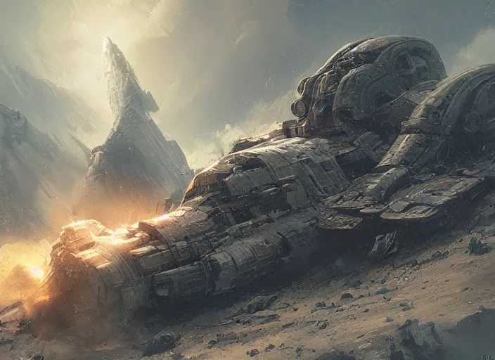 Image similar to A ancient crashed spaceship, billowing smoke, greeble by Raoul Vitale and Greg Rutkowski