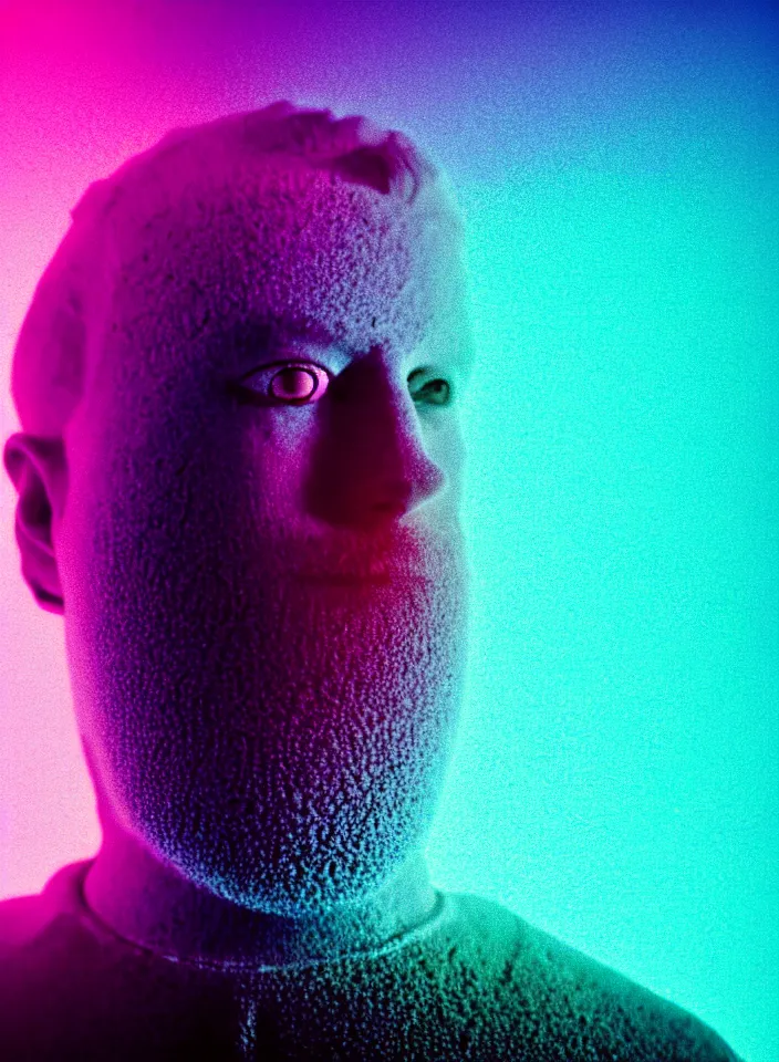 Image similar to high quality pastel coloured film close up photograph of a handsome cyborg in an icelandic black rock!! environment in a dreamstate black rock world. three point light, rainbow. photographic production. art directed. pastel colours. volumetric light. pastel gradient overlay. waves glitch artefacts. extreme facial silliness. 8 k. filmic.