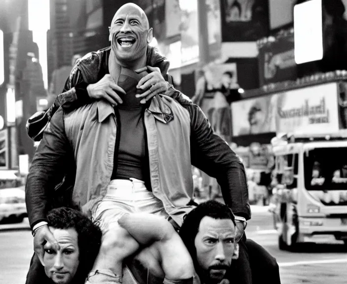 Image similar to Dwayne the Rock Johnson riding on the back of Adam Sandler, doing Methamphetamine at Times Square, photograph by Alfred Eisenstaedt, 4K, dramatic lighting; 4K 8K