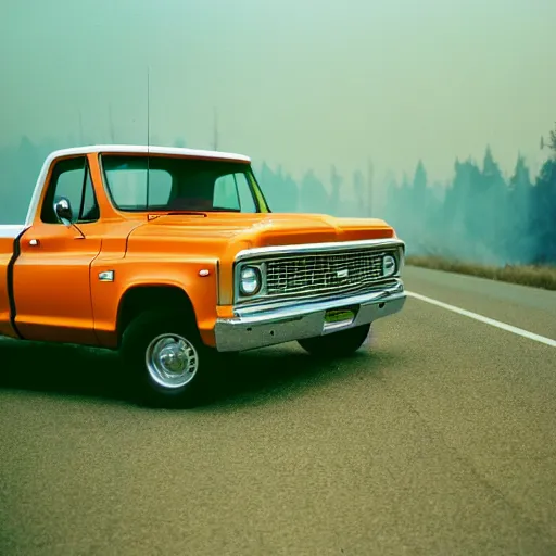 Image similar to 1972 orange and white Chevrolet C10 pickup fleeing a wildfire, Cinestill 800T