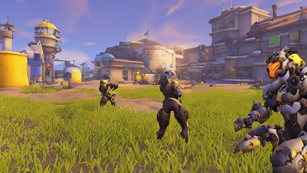 Prompt: Screenshot from Overwatch, at a countryside corn field