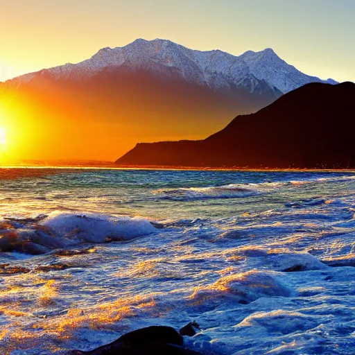 Image similar to Ultrarealistic, beautiful landscape of an oceanic beach with mountains in the background and the sun setting over the mountain peaks. Seagulls can be seen flying close to the beach. The mountains are extremely tall with snow caps on them.