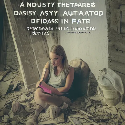 Image similar to a young woman finds a dusty diary on the floor of an abandoned farmhouse, post apocalyptic