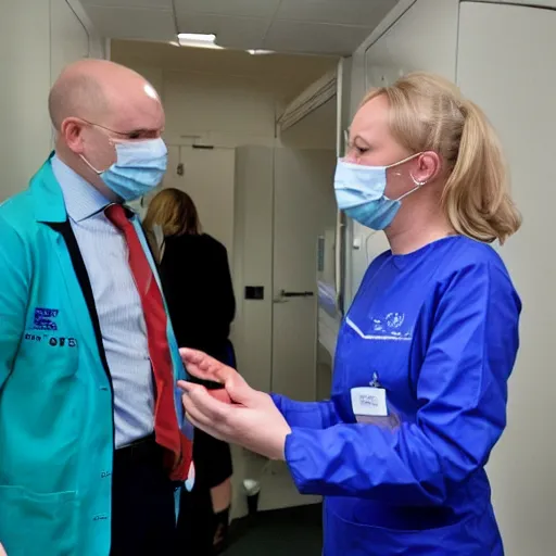 Image similar to an nhs surgeon looks scared of a liz truss demon