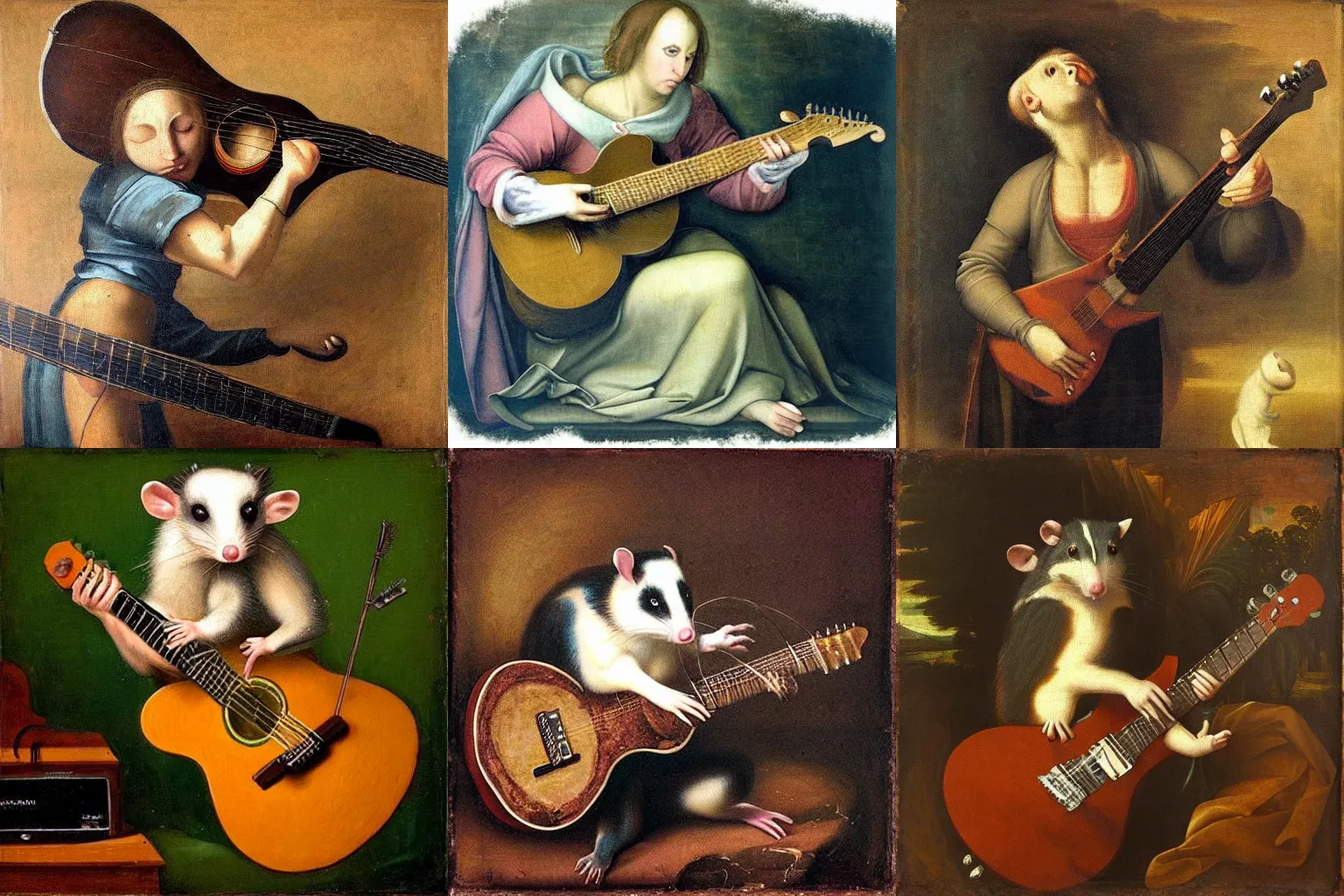 Prompt: “Renaissance painting of an opossum playing the electric guitar”