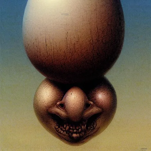 Prompt: humpty dumpty in form of egg, front view by by luis royo and wayne barlowe, beksinski