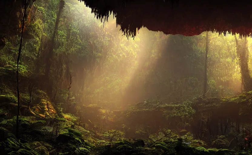 Image similar to a beautiful render of a dark prehistoric rainforest in a humongous cave, lush flora, patches of yellowish - red - magenta sky, sunset lighting, military industrial complex, intricate detail, hazy, humid, volumetric lighting, god rays, 8 k, photorealistic, raytracing effects, unreal engine 5