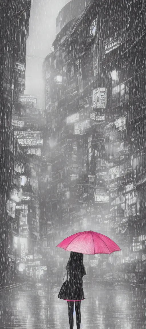 Image similar to beautiful drawing style, girl holding umbrella, contrast, visible rain, vaporware cartoon japan background, kawaii rainy gloomy, rainy night