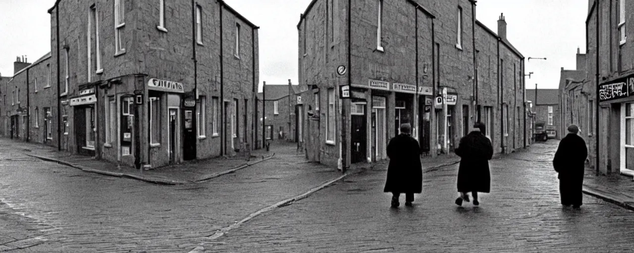 Prompt: street life in kirkwall orkney, from Se7en (1995), cinematic,