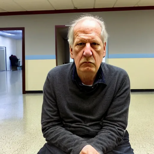 Image similar to wide angle portrait of werner herzog sitting alone in the waiting area of the dmv. ultra wide angle, wes anderson, award winning, hyperrealistic, grand budapest hotel, studio lighting, very detailed face, chiaroscuro, film noir