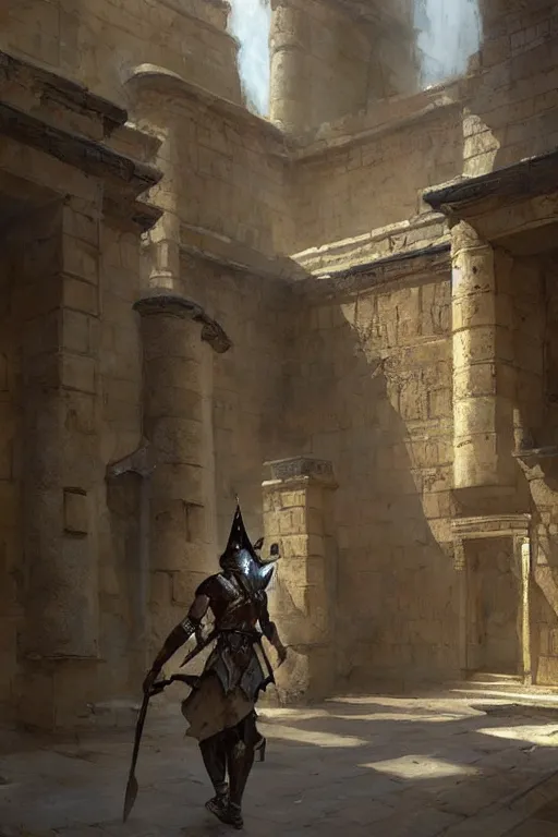 Image similar to a fantasy concept artwork depicting an armored ancient egyptian palace guard walking through the egyptian courtyard by anders zorn, craig mullins and greg rutkowski, beautiful cinematic light