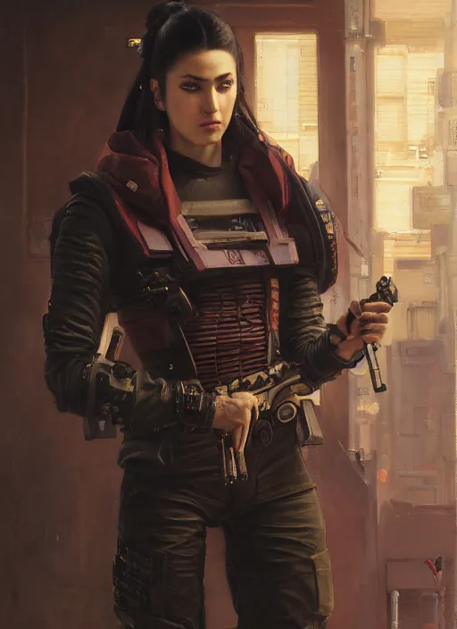 Image similar to Nikki. beautiful cyberpunk Samurai woman wearing a military vest and military jumpsuit (cyberpunk 2077, bladerunner 2049). gorgeous face. Iranian orientalist portrait by john william waterhouse and Edwin Longsden Long and Theodore Ralli and Nasreddine Dinet, oil on canvas. Cinematic, hyper realism, realistic proportions, dramatic lighting, high detail 4k