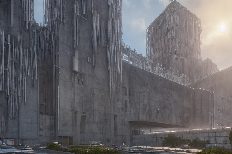 Image similar to an enormous, extremely detailed cathedral of brutalist architecture, covered with greebles, stunning volumetric light, sunset, metal, concrete and translucent material, stunning skies, majestic landscape, trending on Artstation, 8k, photorealistic, hyper detailed, unreal engine 5, IMAX quality, cinematic, epic lighting, in the style of Greg Rutkowski