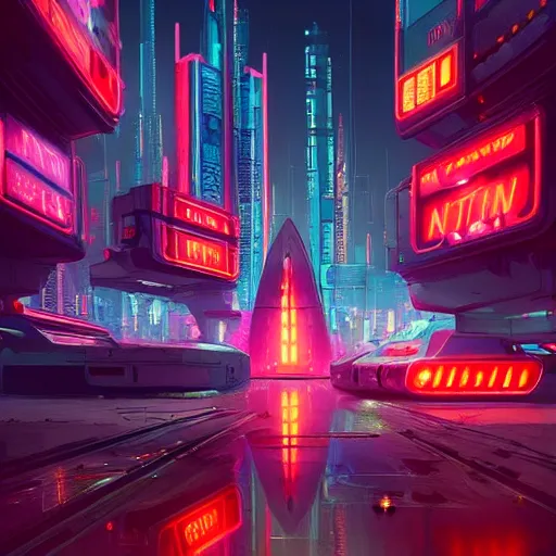 Prompt: spaceship landing in cyberpunk city, neon signage. detailed, by jim burns, darek zabrocki, trending on artstation.