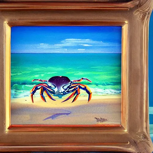 Image similar to crab on beach on sand, sea in the background, sun is shining, art by disney