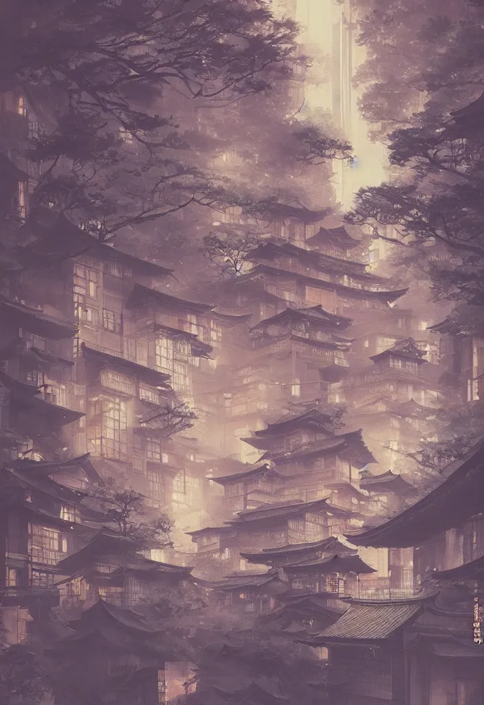 Image similar to a beautiful japanese city in the mountain, amazing ryokans and edo era houses, waterfall, yokai characters. epic cyberpunk. visible pipes, lanterns, lofi vibe, vivide colors, amazing light, light beams with dust, mesmerizing nature, by jeremy lipkin, by claude monet, by makoto shinkai, futuristic city, inspired by ghibli, masterpiece