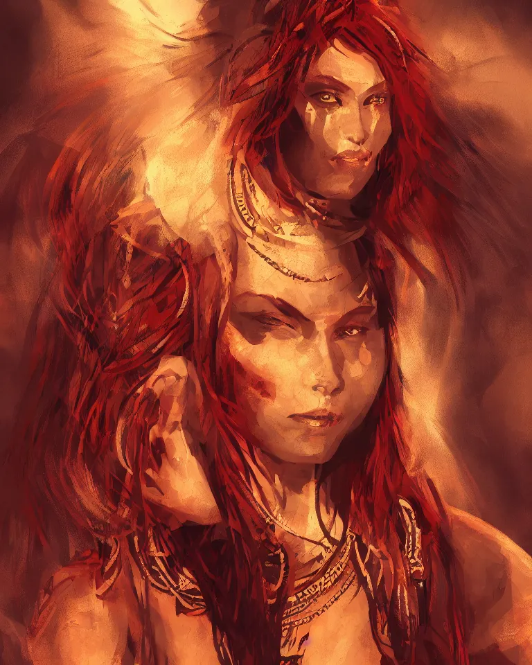 Image similar to redhead woman wearing tribal clothing, dramatic lighting, sakimichan, concept art, 4 k