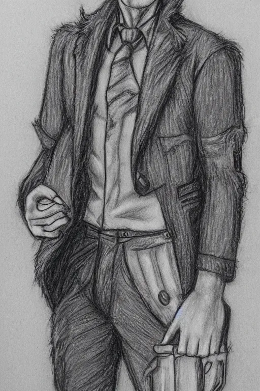 Image similar to master furry artist colored pencil drawing full body portrait character study of the anthro male anthropomorphic wolf fursona animal person detective new york city street