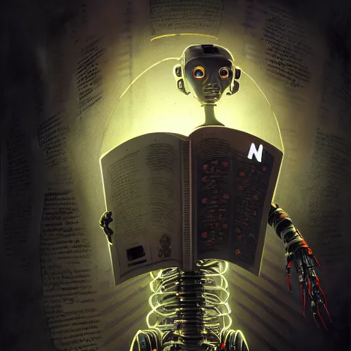 Image similar to dark scifi illustration 3 / 4 portrait of a robot reading necronomicon. cinematic lighting mad scientist style. golden ratio accidental renaissance. in the style of dave mckean. graffiti art, scifi, fantasy, hyper detailed. octane render. concept art. trending on artstation