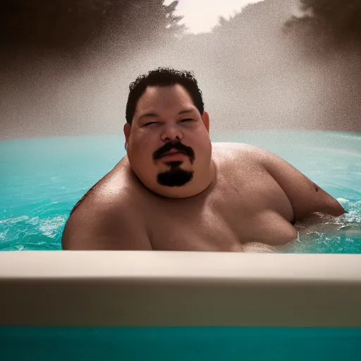 Prompt: photographic portrait by Annie Leibovitz of GreekGodX in a hot tub, closeup, foggy, sepia, moody, dream-like, sigma 85mm f/1.4, 15mm, 35mm, 4k, high resolution, 4k, 8k, hd, full color