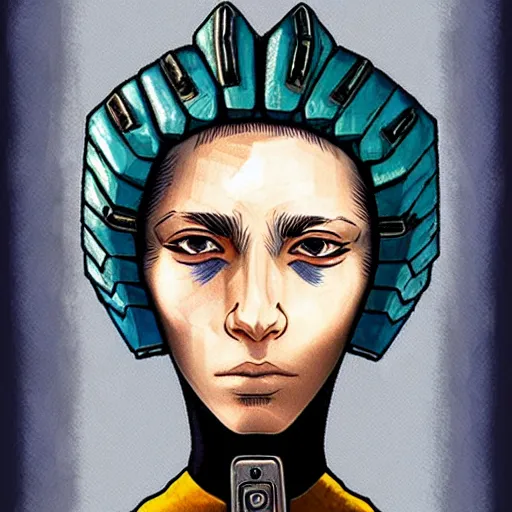 Image similar to intricate portrait, pure skin, short blue hair, in the style of enki bilal!