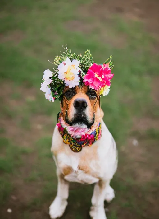 Prompt: 3 5 mm macro photography of a dog wearing a floral headdress and paisley suit