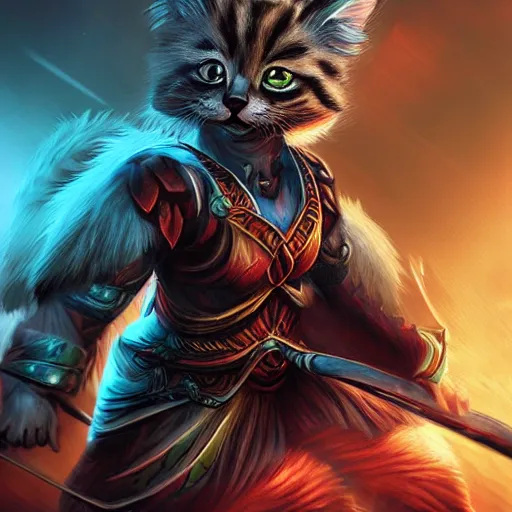 Image similar to a hyper realistic cat warrior, ultra detailed, magic the gathering art, digital art, cinematic, studio lighting, background battlefield, fantasy, no blur,