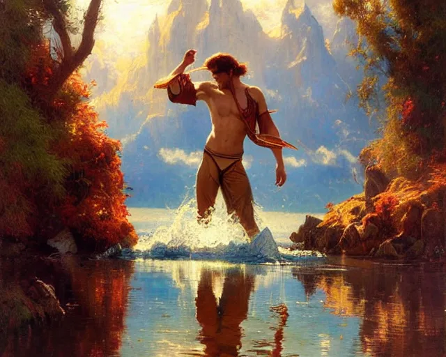 Prompt: attractive male wizard casting powerful water spell in a beautiful lake. highly detailed painting by gaston bussiere, craig mullins, j. c. leyendecker 8 k