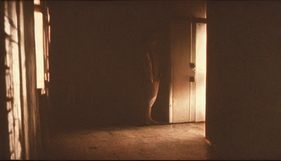 Image similar to 7 0 s film still from a horror movie featuring a person suffering from treacher collins syndrome standing alone in a liminal space, kodachrome, cinecolor, cinestill, photorealism, cinematic, film grain, film texture, vhs recording