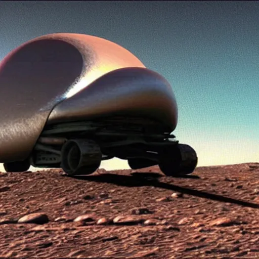 Image similar to bus moves next to alien spaceship on the mars