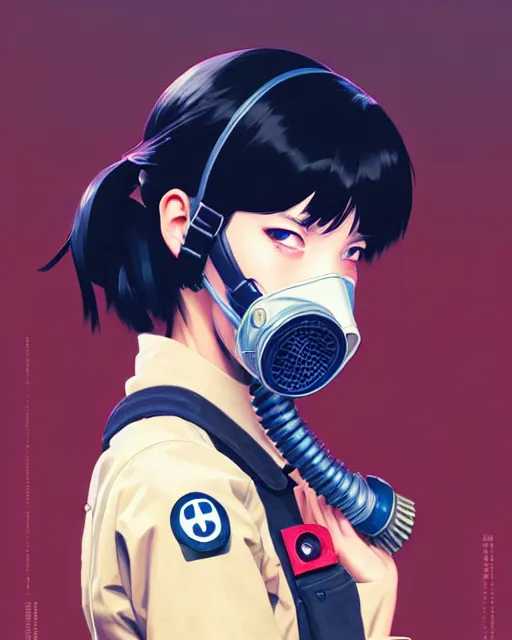 Image similar to girl wearing gas mask and uniform | | audrey plaza, fine detail!! anime!! realistic shaded lighting!! poster by ilya kuvshinov katsuhiro otomo ghost - in - the - shell, magali villeneuve, artgerm, jeremy lipkin and michael garmash and rob rey