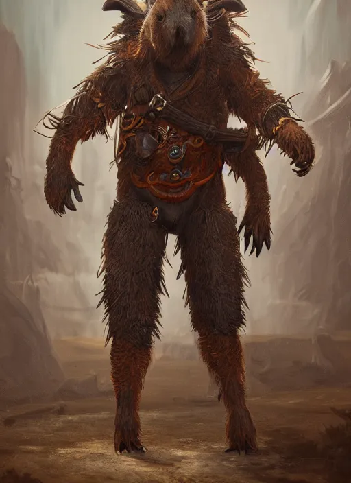 Prompt: detailed full body concept art illustration dark oil painting of an anthropomorphic capybara cowboy in full intricate clothing, biomutant, ultra detailed, digital art, octane render, 4K