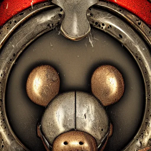 Image similar to 1 9 5 0 wartime mickey mouse head, automotive, fractal, leathery, wet, broken, melting, rococo, mycelium, baroque, sumerian, radiant alien, magic kingdom, octane render, high detail