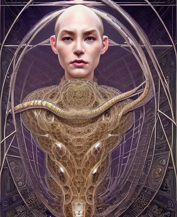 Image similar to intricate orderly opulent transparent clear see - through portrait of a scary beautiful masculine snake, fractal, mechanical, sci - fi environment, ultra realistic, concept art, art nouveau, photorealistic, octane render, 8 k, unreal engine. art by nori inoguchi and sam kaplan and zachary goulko and christopher marley and artgerm and alphonse mucha