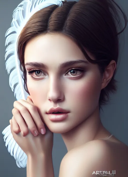 Image similar to a gorgeous female photo, professionally retouched, soft lighting, wearing a feather dress, realistic, smooth face, perfect eyes, wide angle, sharp focus on eyes, 8 k high definition, insanely detailed, intricate, elegant, art by artgerm and greg rutkowski and mark hill