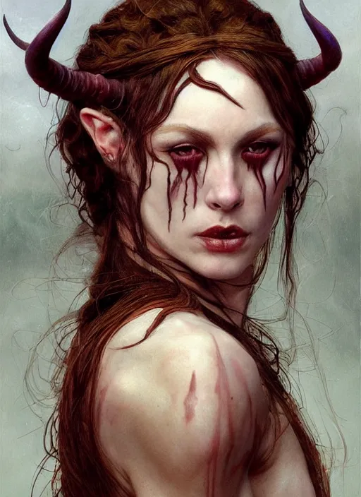 Image similar to half demon half human intricate skin hairy costume, elegant, peaceful, full body, horns, hyper realistic, extremely detailed, dnd character art portrait, fantasy art, intricate fantasy painting, dramatic lighting, vivid colors, deviant art, artstation, by edgar maxence and caravaggio and michael whelan and delacroix.