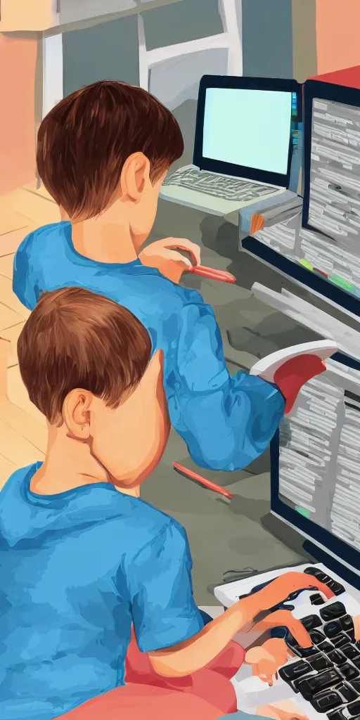 Prompt: illustration, a child sitting in front of a computer learning to program.