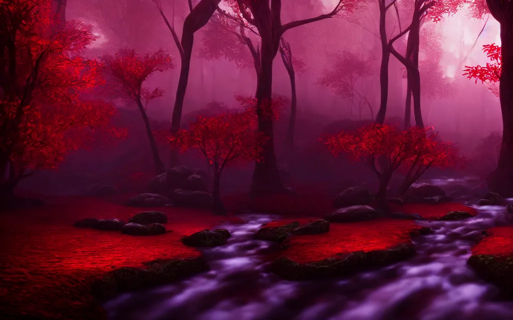 Image similar to gloomy sparse fairytale forest with a beautiful sparkling stream of glowing red water flowing through, visual novel key visual, award - winning digital art on pixiv, trending on artstation - cinematic lighting, dramatic lighting, stunning and beautiful scenery - highly detailed, hyperrealistic, unreal engine 5, in the style of kingdom hearts