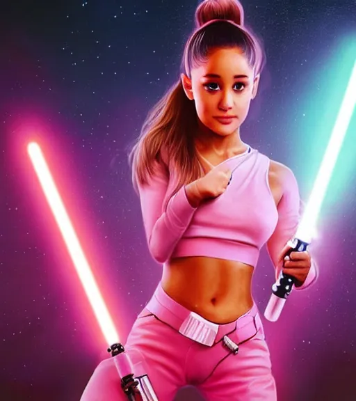 Prompt: A hyper realistic photo of Ariana Grande in the Star Wars universe with two pink lightsabers held in each hand, action pose. Maximum detail on artstation, photo realism, vivd details, vivd colour