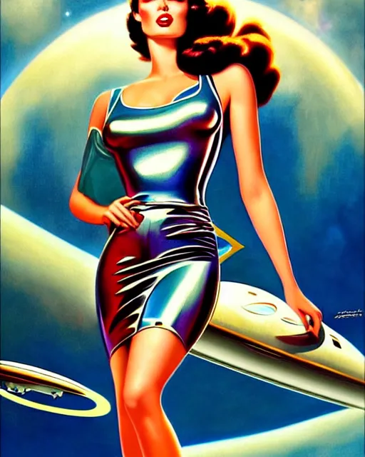 Image similar to beautiful retro space megan fox varga girl posing on a chrome space ship in diesel punk city, windblown dark hair, retro pinup model, seductive, 1 9 4 0, hyper detailed, digital art, smooth, sharp focus, gil elvgren, anna dittmann,