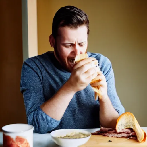 Prompt: a man struggling to eat a sandwich because his hands are scissors