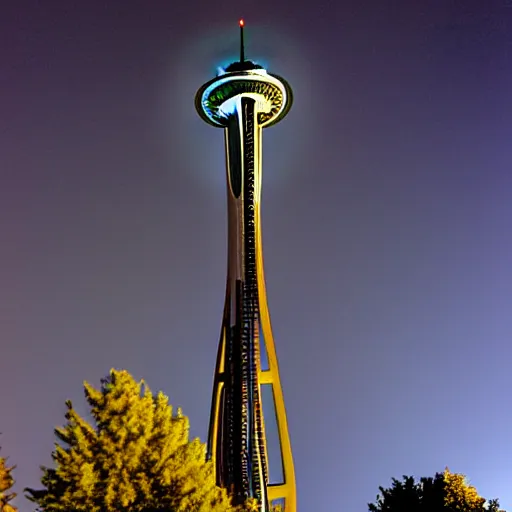 Image similar to Toronto space needle tourist guide with planet mars as a head, dramatic cinematic lighting