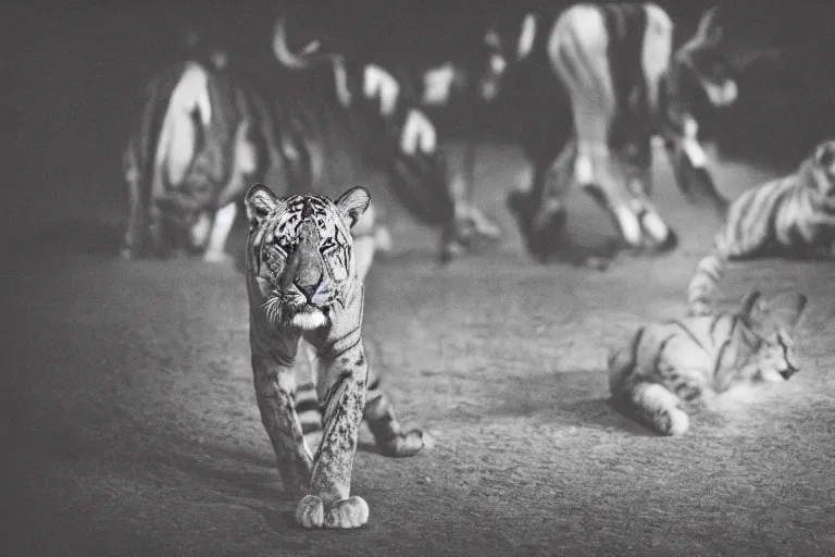 Image similar to photo of a Big Cat Circus, taken with Leica M11 and NOCTILUX 50mm F4.0, Paradium Platinum printed on paper