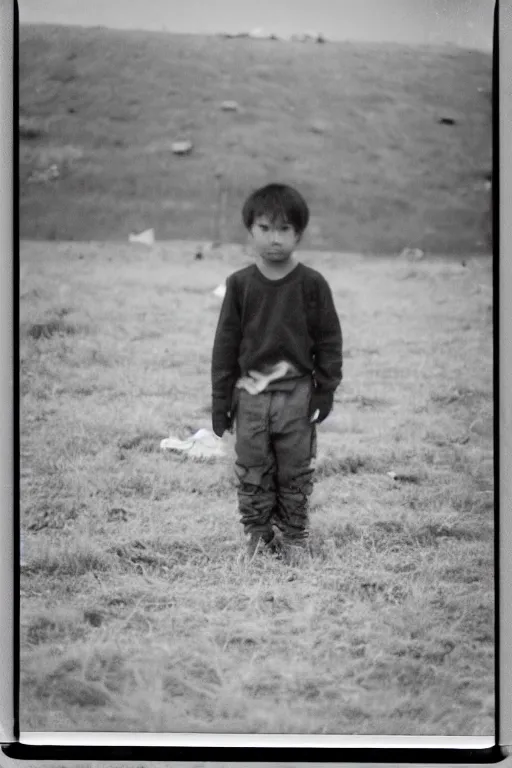 Image similar to photo polaroid of a sad and lonely child stands in the middle many tents of field hospitals, pandemic, covid,loneliness, black and white ,photorealistic, 35mm film,